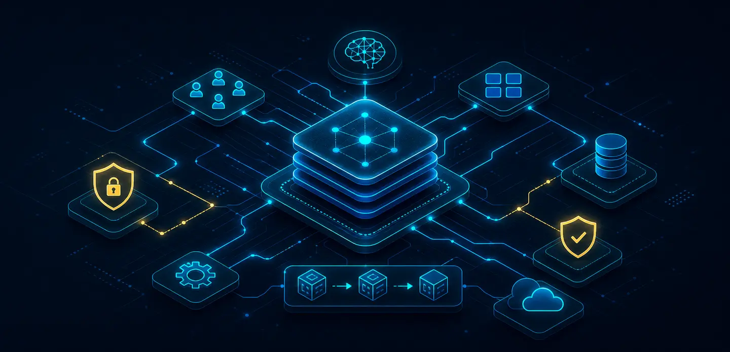 Abstract AI-native platform architecture with connected services, agents, data, and security controls